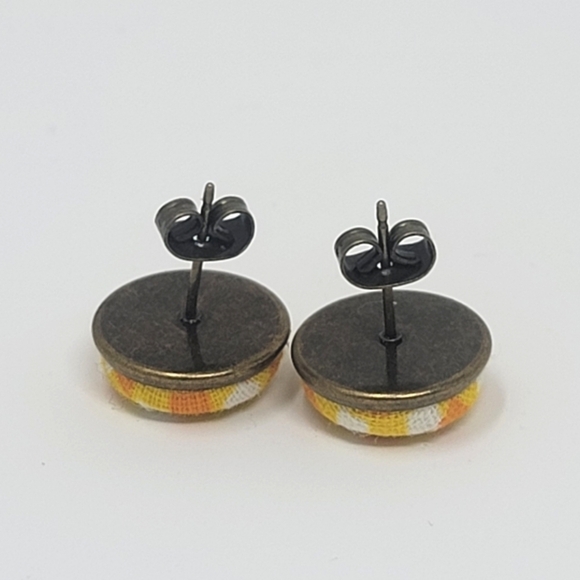 New Handmade | Upcycled Yellow Orange White Plaid Button Stud Earrings - Picture 2 of 4